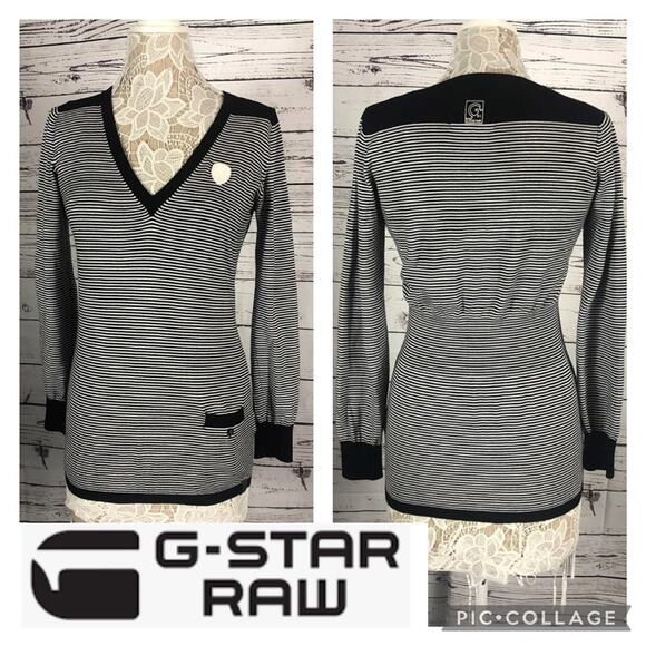 G - Star Raw V neck sweater striped black & white long fitted size large - Picture 3 of 12